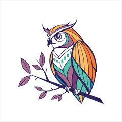 Colorful Owl Vector Illustration – Stylized Bird Sitting on Branch

