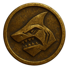 Dirty, with traces of earth, aged coin. It's a coin with a shark on it—the head of a shark on a coin.