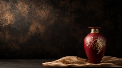A finely crafted ceramic vase with red and gold Chinese patterns, resting on a silk cloth with warm vintage lighting.