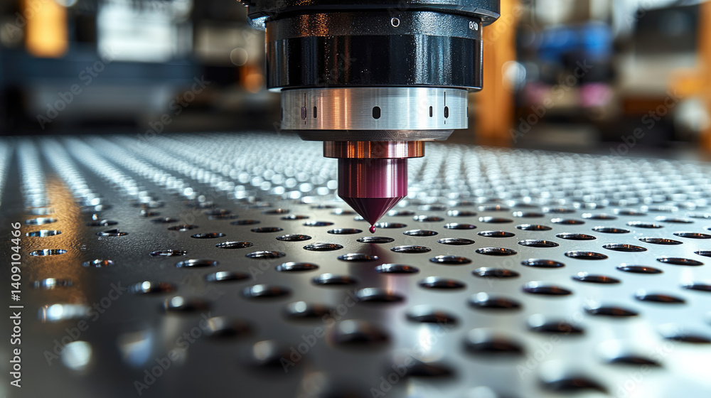 Poster close up view of precision cutting machine with laser nozzle focused on perforated metal surface, showcasing advanced technology and craftsmanship