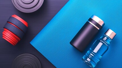 Fitness theme weights, water bottles, blue mat. Overhead view of gear for workout or exercise