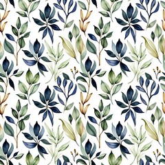 Fototapeta premium A pattern of blue and green leaves on a white background.