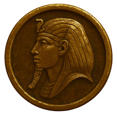 Pharaoh head on coin. Frontal coin with pharaoh head from side view.
