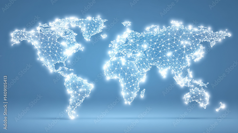 Poster glowing world map made of digital network lines, showcasing interconnectedness and technology in mod