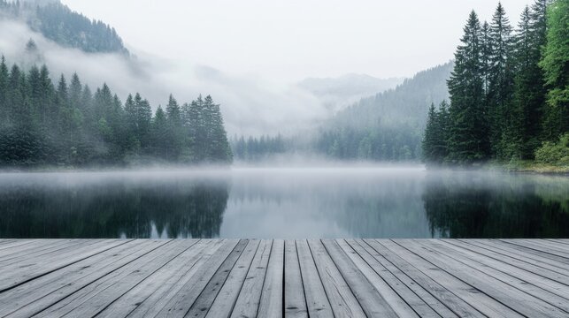 A misty lakeside view with a vintage wooden dock, evoking a peaceful and reflective mood.
