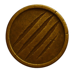 Antique coin with scratches from tiger claws.
Claw marks on a coin. Coin with traces of cuts from a wild predator.