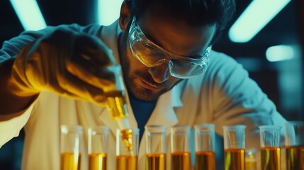 Scientist in lab coat meticulously adding liquid to test tubes during experiment.