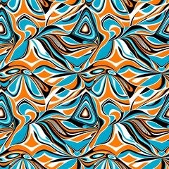 An orange and blue abstract pattern on a white background.