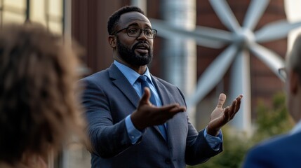 Businessman speaking outdoors near wind turbines