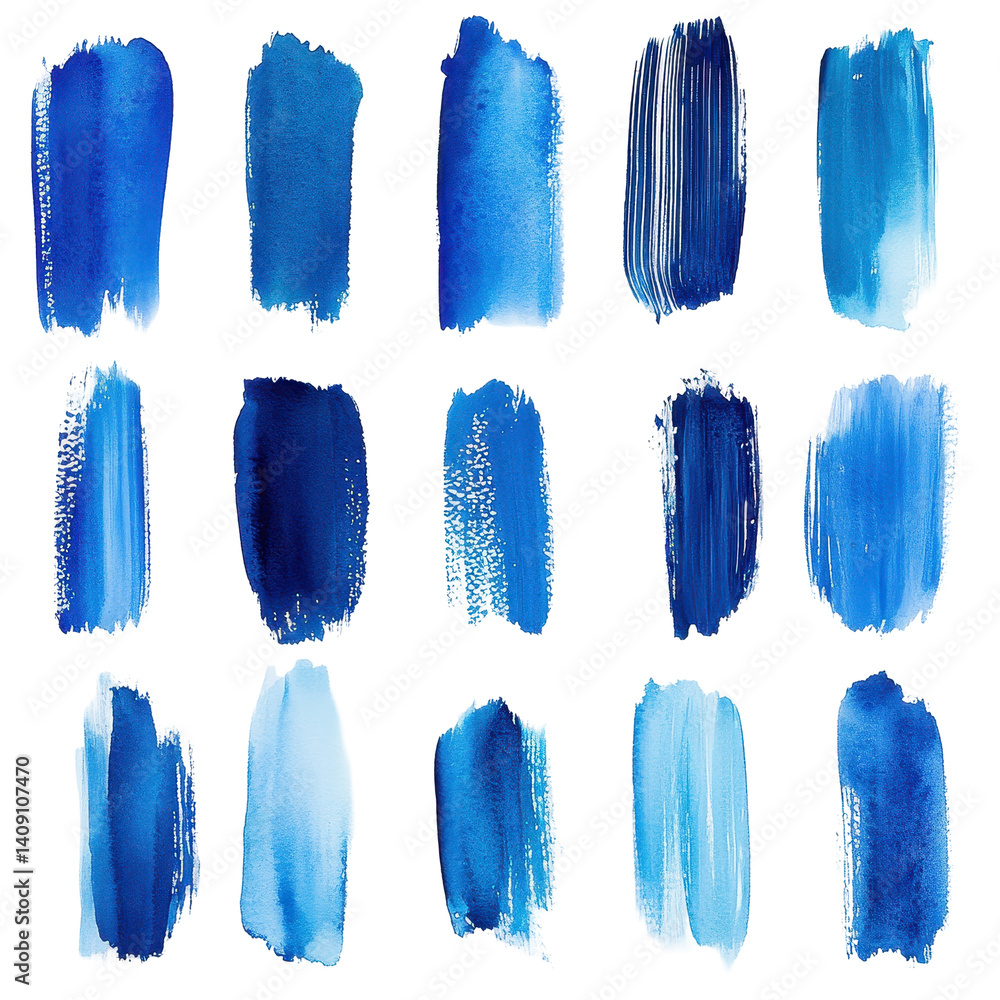 Poster hand-painted blue brushstroke with visible texture and dynamic shape placed on white background