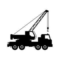 Naklejka premium Construction crane truck icon in black silhouette