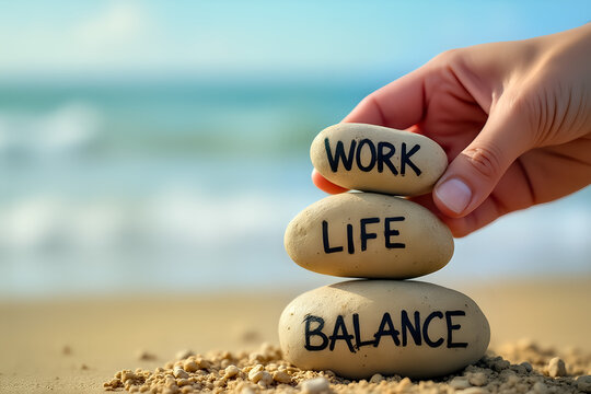 Person stacking rocks spelling "work life balance" on beach