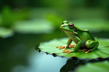 Naklejka premium Green frog sitting on a lily pad, playful, fun, green frog cartoon