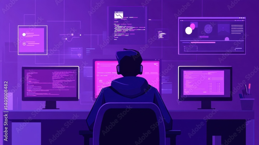 Poster a sleek vector art of a man in a hoodie, sitting in front of multiple screens, surrounded by a digit