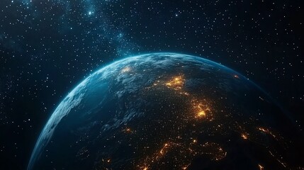Obraz premium Stunning view of Earth at night from space, showing city lights and starry sky.