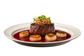 Seared Filet Mignon with Pan Seared Scallops rich red wine reduction on a on transparent background