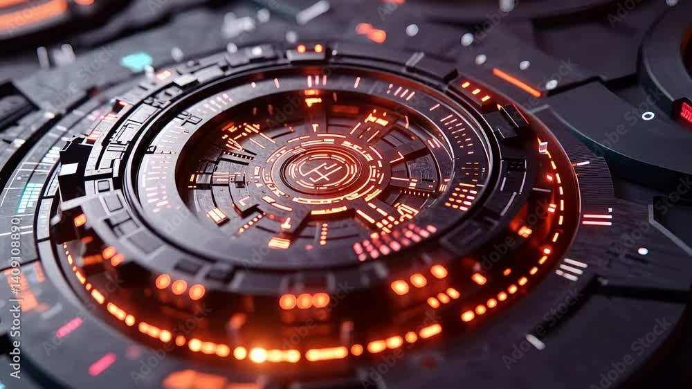 Aufkleber abstract digital interface with glowing circular design and red neon lights