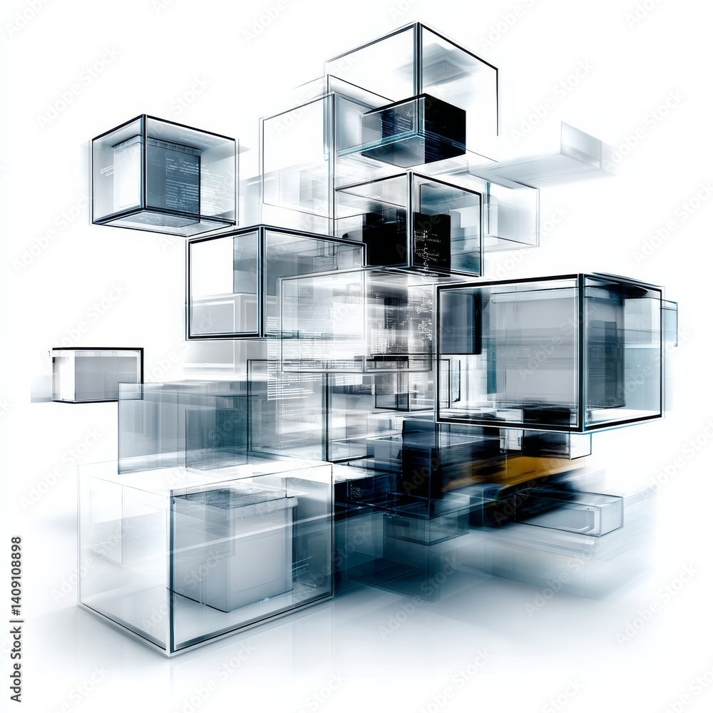 Poster Abstract Composition of Transparent Cubes with Dark Interiors and Reflected Light on a White Background.