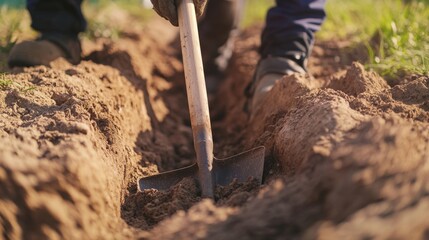 Fototapeta premium Construction worker digging a trench for plumbing installation. Featuring strength and focus