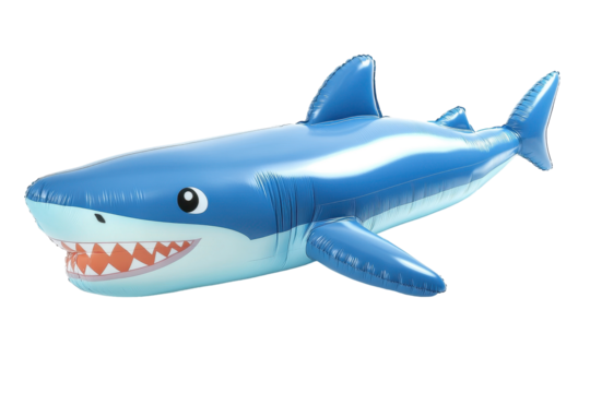 Cartoon-style inflatable shark in blue color presented clearly on a plain white background