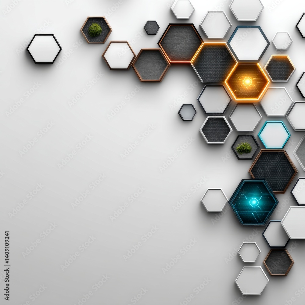 Fototapete Abstract Hexagonal Array on White Backdrop: Modern Design with Glowing and Natural Elements