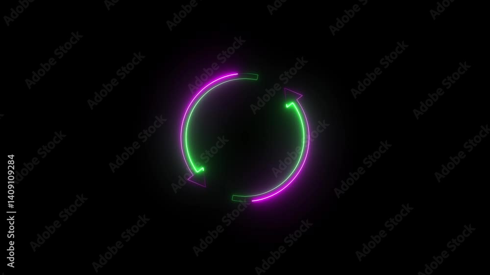 Poster neon arrow loading icon animation on black background. update restore circle arrow icon 4k video foo