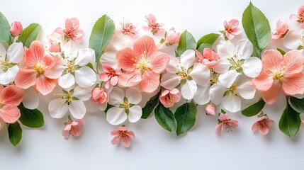 Naklejka premium Delicate floral border of peach-toned blooms on white backdrop, wedding or invitation flat lay design 