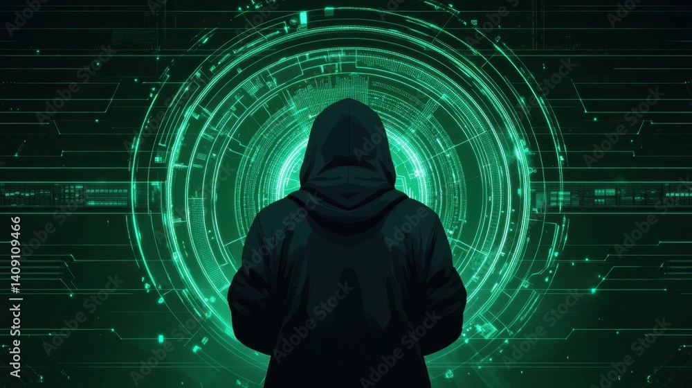 Poster a vector design of a man in a hoodie with glowing digital screens, embodying the world of cybersecur