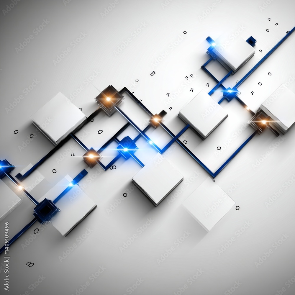 Aufkleber abstract network of white cubes with blue connectors and bright highlights on a white background