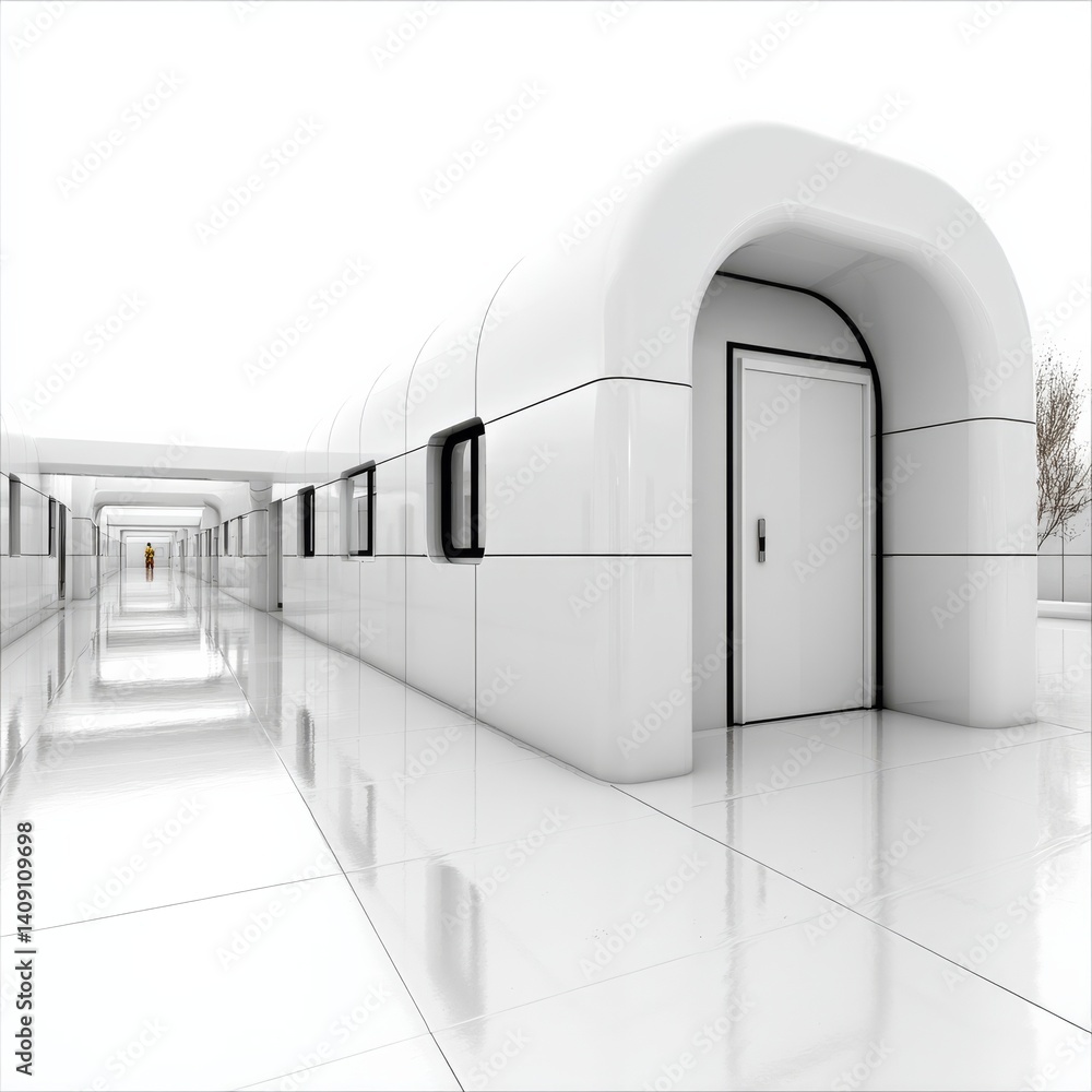 Poster a futuristic glimpse: all-white architecture of a long, glossy corridor leading to the light