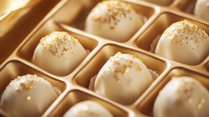 Macro Shot of Exquisitely Detailed White Strawberry Infused Chocolates with Edible Gold Dusting in an Elegant Satin-Lined Box