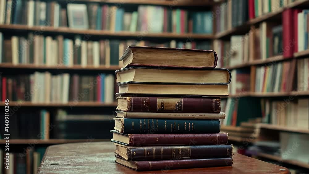 Poster books stacked on a wooden table in a cozy library during a timelapse capture, books on a table in a 