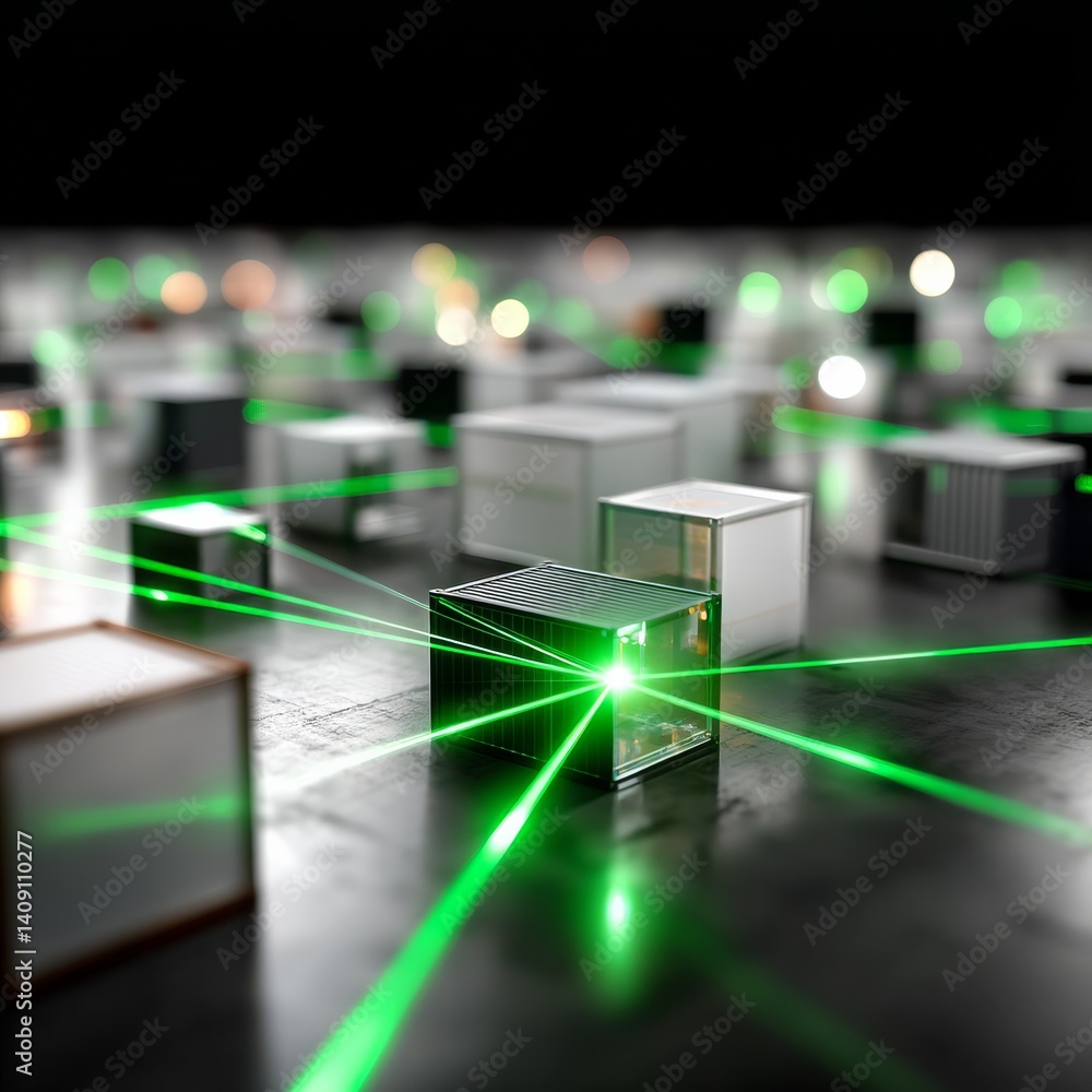 Poster Data Transmission: A Network of Containers Linked by Green Lasers in a Futuristic Abstract