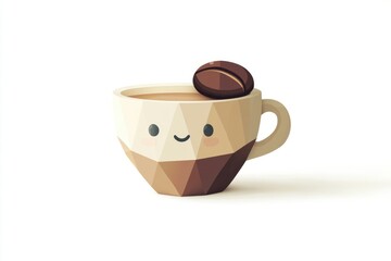 Cute polygonal coffee cup with a coffee bean on top, smiling happily.