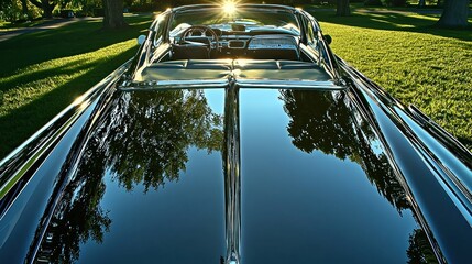 Obraz premium Classic convertible, polished black hood, reflecting trees. Sunlight gleaming on a meticulously maintained vintage convertible