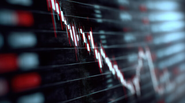 close up of digital stock market chart with glitch effects, showing economic trends