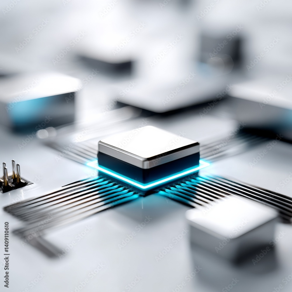 Aufkleber Futuristic Microchip Technology with Glowing Blue Light: Advanced CPU Processor and Circuit Board Design 