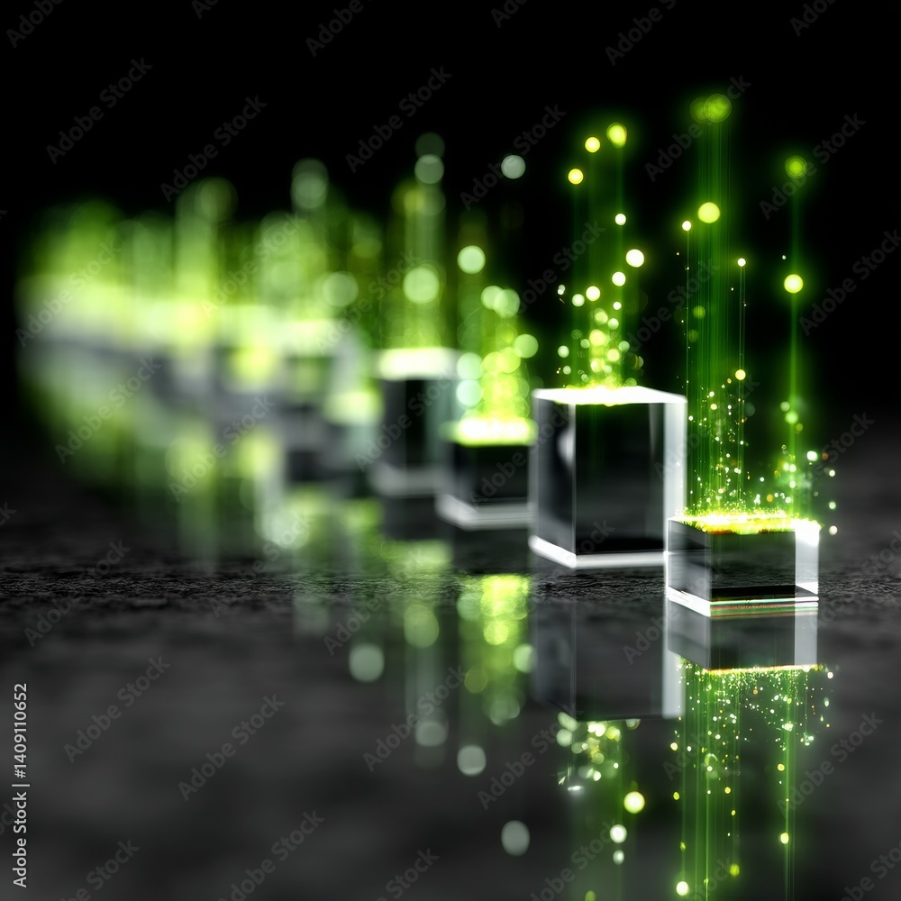 Poster futuristic technology: reflective cubes with green light emission on a dark surface - abstract conce