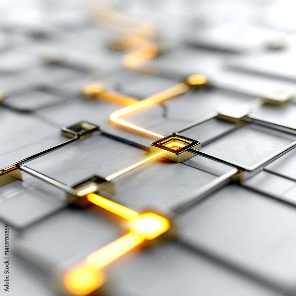Poster Golden Path on Grey Grid: Abstract Network of Connections and Digital Transformation Visual