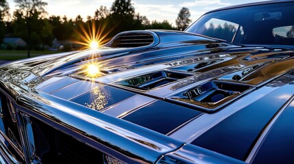 Classic muscle car hood at sunset.  Detailed view of the polished, aerodynamic design, with chrome accents and racing stripes.  A bright sunset glare reflects off the surface