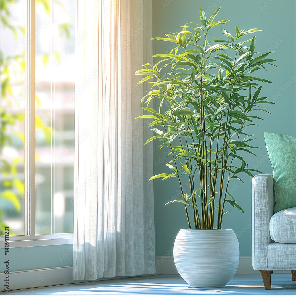 Aufkleber tall plant in white pot adds refreshing touch to bright room with soft sunlight streaming through wi