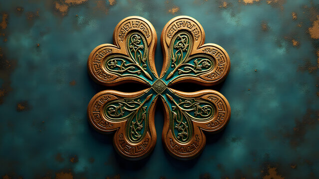 Nordic rune four-leaf clover with carved knotwork and Viking symbols on slate. Ancient Norse luck charm rendered in ultra HD detail.