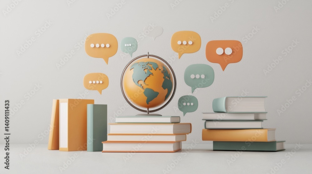 Poster abstract 3d education background with floating books, globe, and speech bubbles, representing global