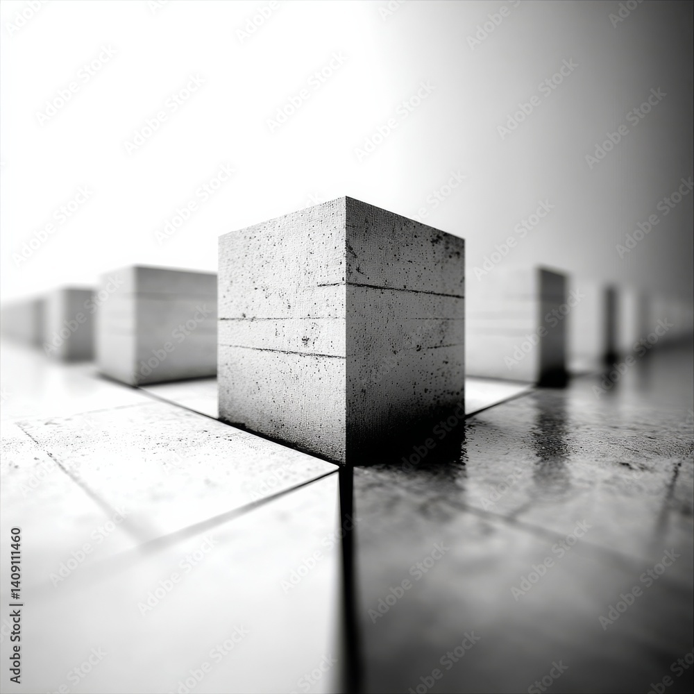 Poster monochromatic cubes: a study in perspective and form, showcasing textured concrete blocks in a minim