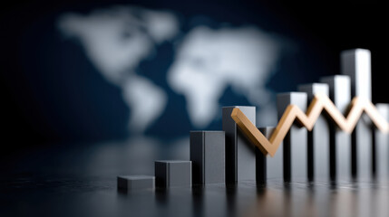Bar chart with rising trend and world map background symbolizes global economic growth
