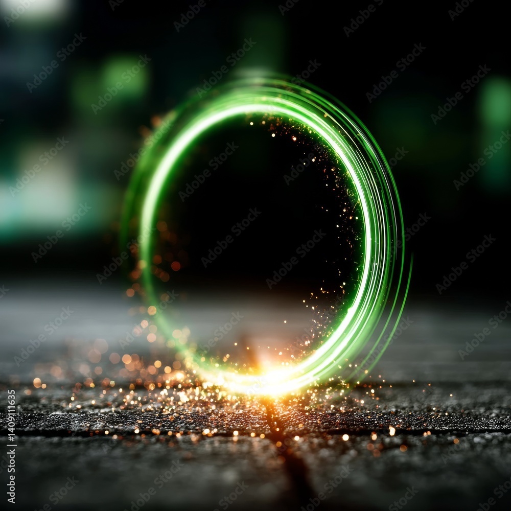 Poster mystical green energy ring hovering above a textured surface with sparkling particles, set against a