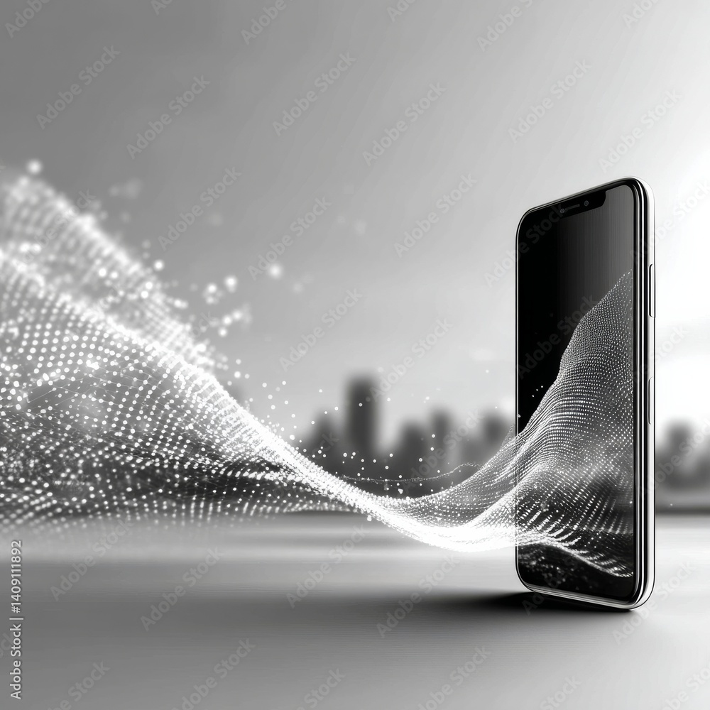 Poster smartphone innovation: a digital wave enveloping the cityscape with advanced connectivity and techno