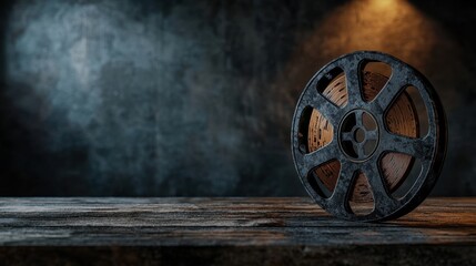 Obraz premium Aged film reel dramatically displayed on a rustic wooden table in a dimly lit industrial loft, warm golden light casting shadows.