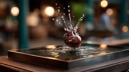 Creative heart-shaped glass splash in dimly lit restaurant