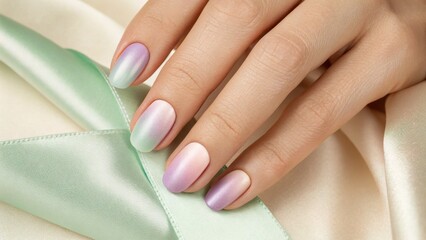 Pastel gradient nail art, Minimalist trendy style Stylish hand with pastel ombre nails resting on...